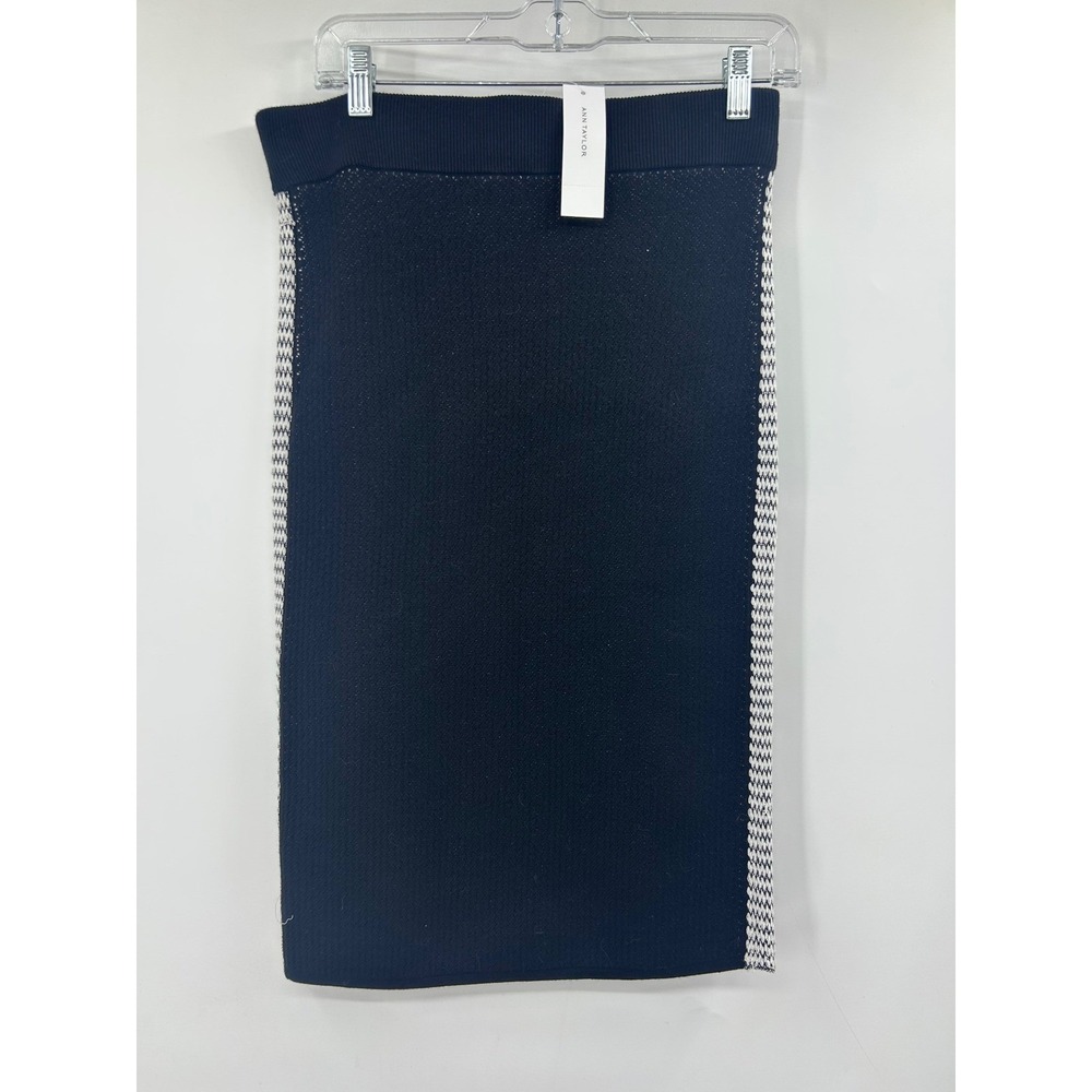 NWT Ann Taylor Black Knit Pencil Skirt White Side Stripe Size S